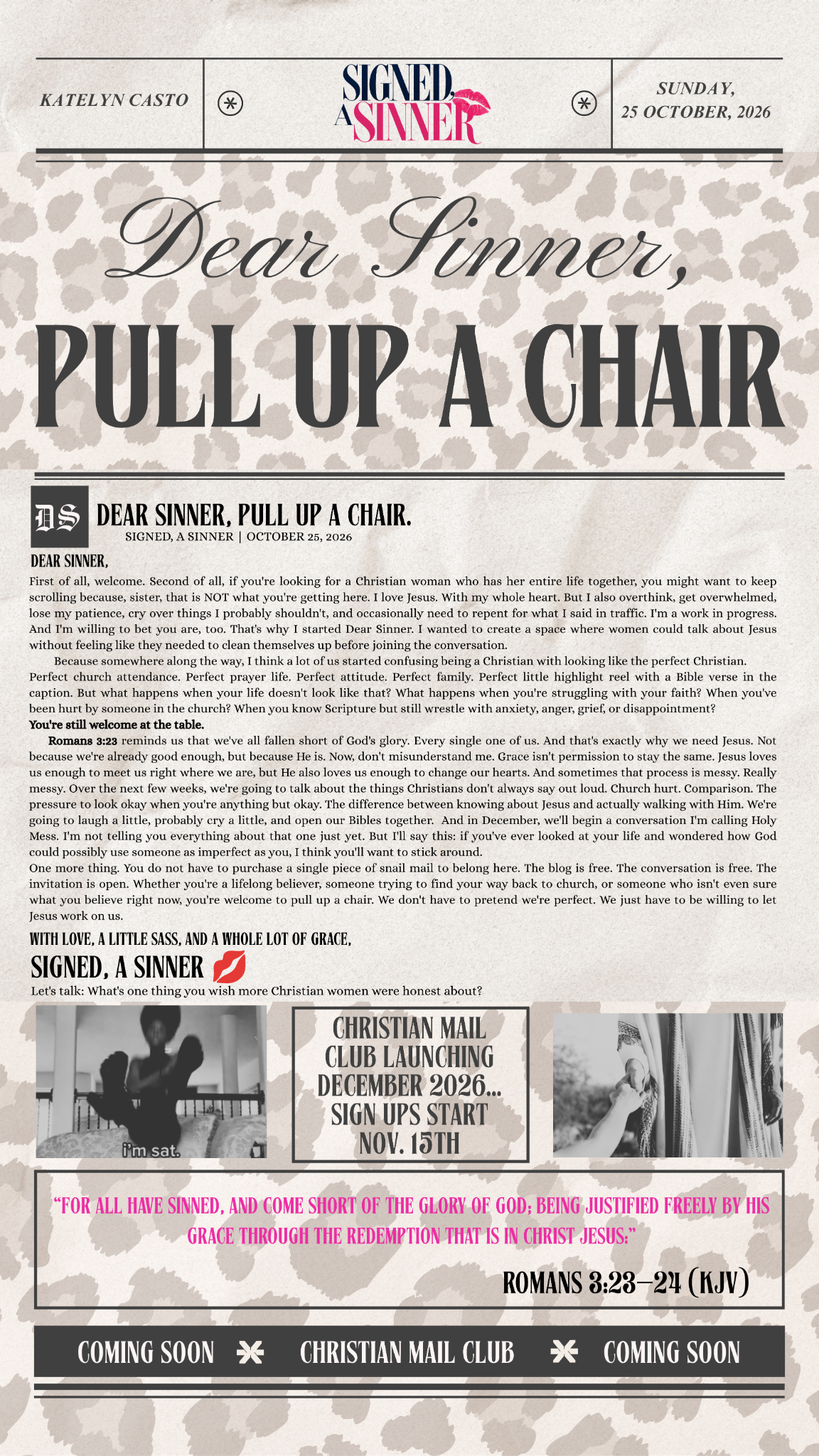 Dear Sinner, Pull Up a Chair. The October 25, 2026 edition of Signed, A Sinner, designed as a leopard-print newspaper. Full readable text follows below.